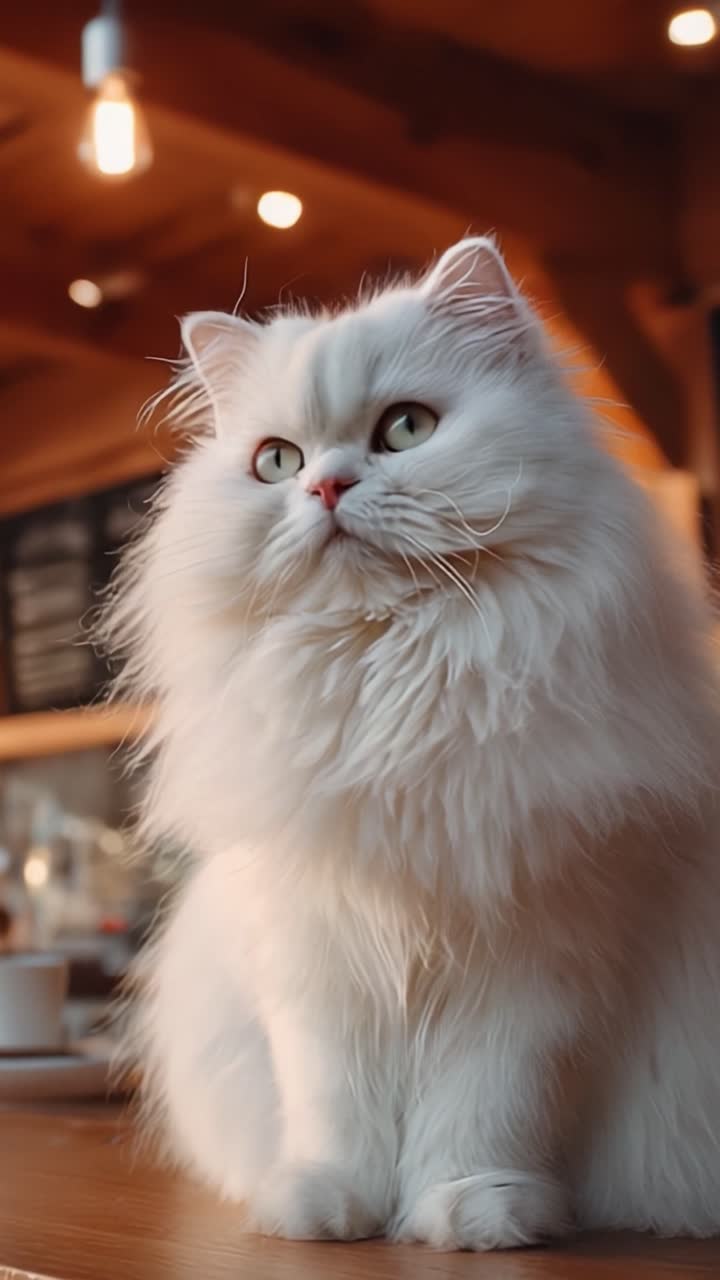 Kucing Putih Menawan dengan Bulu Halus Berpose Anggun di Kafe yang Nyaman, Menarik Perhatian dengan Mata Hijau yang Mencolok dan Penampilan Megah