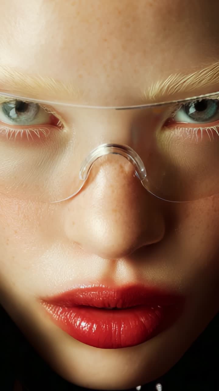 Intense Close-Up of a Fashionable Individual with Freckles, Clear Glasses, and Bold Lip Color, Captured in a High-Definition Video Frame, Emphasizing Unique Features