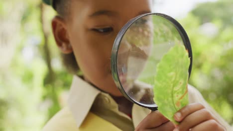 animation of african american girl in scout costume using magnifier, looking at leaf