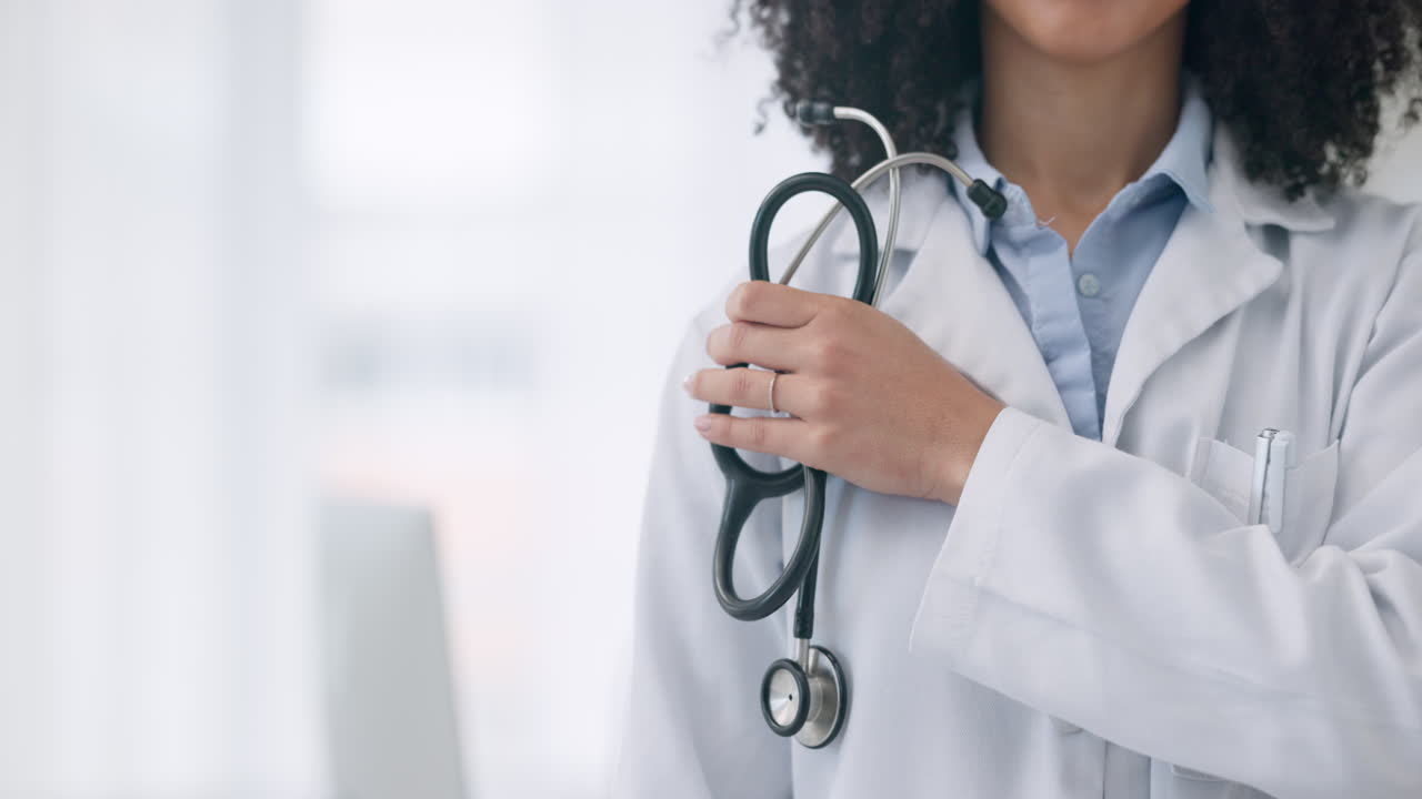 Woman, stethoscope and hand of doctor