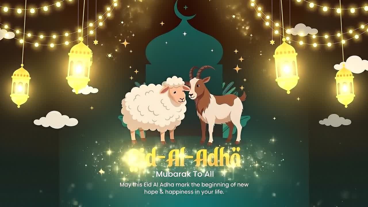 Auguri animati per Eid Al Adha con un ragazzo che alza le mani accanto a una pecora sotto lanterne e un cielo notturno con luna crescente.