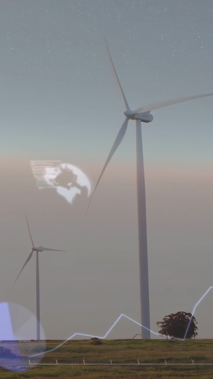 Video verticale: Stelle deboli che avviano pale di turbina che girano, interfaccia utente che appare mostrando dati di potenza