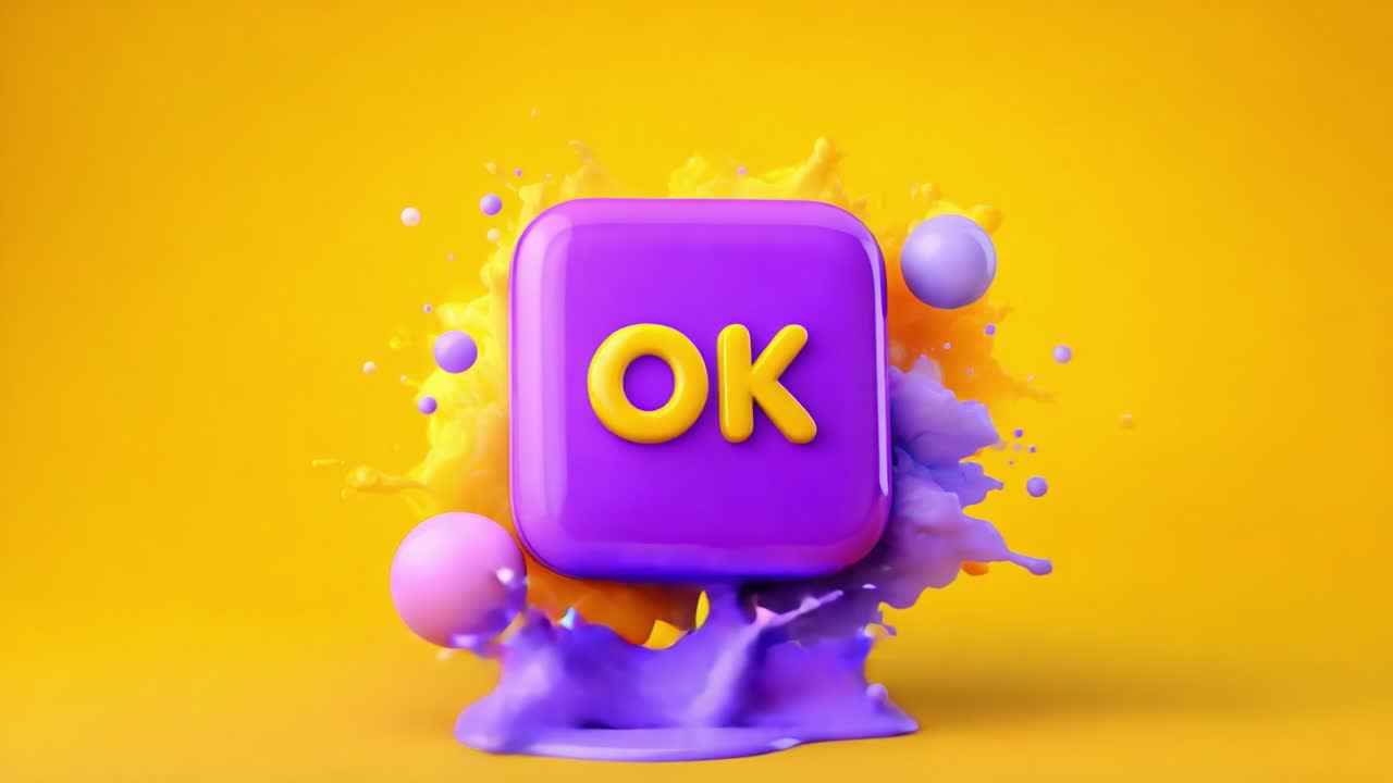 A Colorful Artistic Representation of a Purple OK Button Surrounded by Vivid Splashes of Paint in a Bright Yellow Background, Perfect for Digital Media and Graphic Design