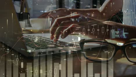 animation of statistics and data processing over woman using laptop