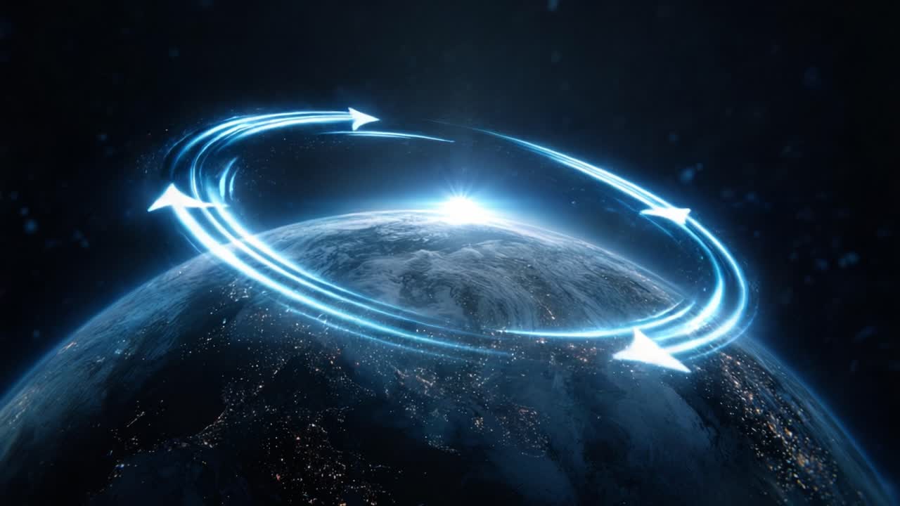 Digital animation of planet Earth viewed from orbit with glowing blue arrows circling the globe, representing concepts like global network, data transfer, communication, and technological progress