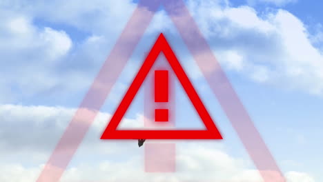 animation of triangle warning road sign over airplane flying on blue sky in the background.