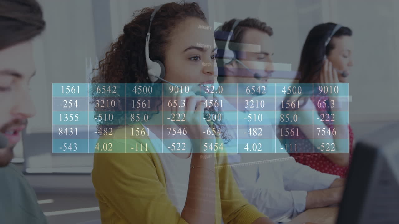 Animation of financial data processing over diverse business people using phone headsets in office