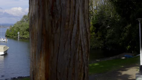 un disparo panorámico que muestra barcos y un lago