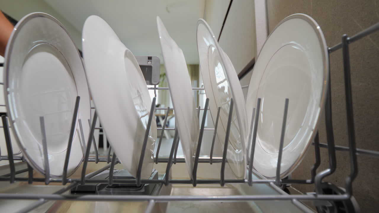The dishwasher door opens where the washed dishes stand
