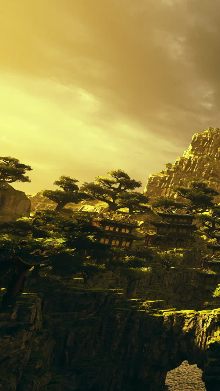 Breathtaking landscape of mystical mountains under a golden sky at dusk
