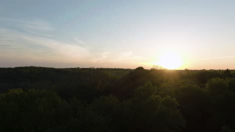 Aufsteigender-Oder-Steigender-Schuss-Vom-Boden-über-Dickes-Laub-Von-Bäumen-Und-Ästen,-Der-Einen-Wunderschönen-Sonnenuntergang-Am-Horizont-In-Wisconsin,-USA,-Enthüllt
