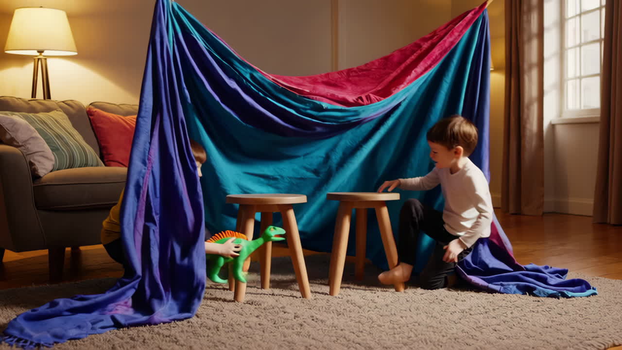 Due ragazzi che giocano insieme in una fortezza di coperte.