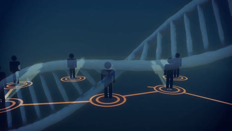 animation of dna strand and network with people icons on black background