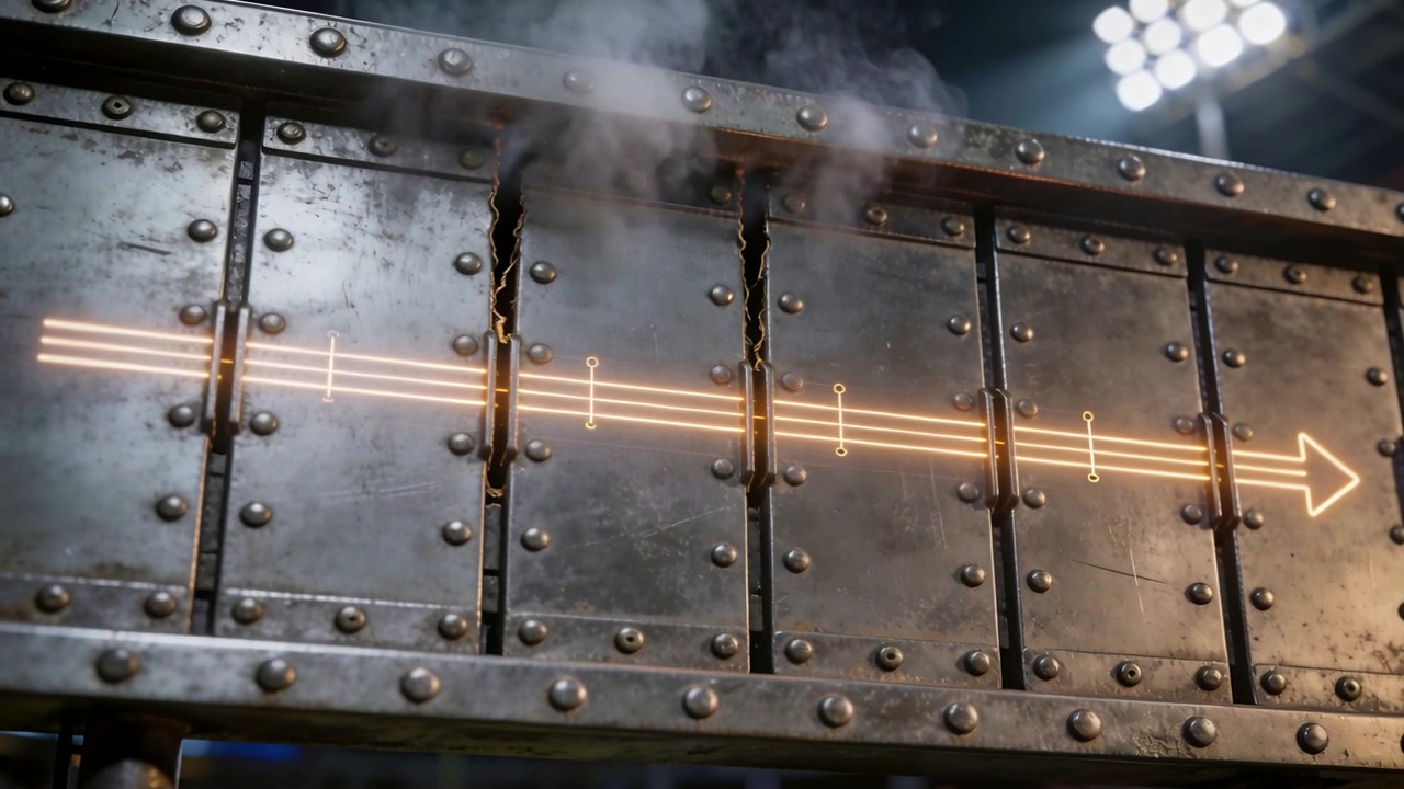 Showing riveted metal panel emitting steam from three cracks pulsing dual-lane neon arrow at arena