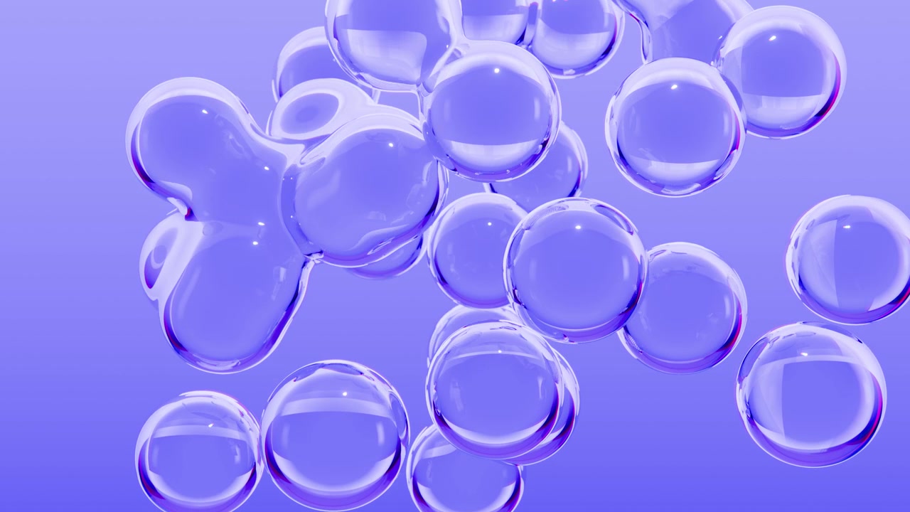 Rendering astratto di metaball viola traslucide e sfere fluttuanti