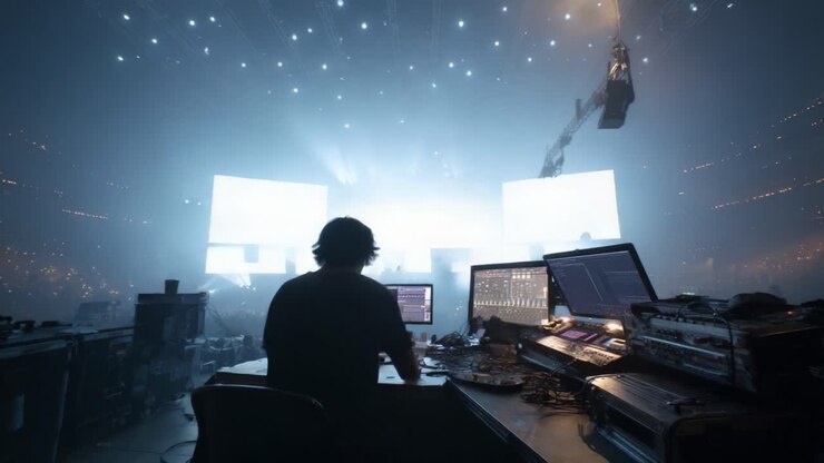 A Spectacular Night of Lights and Sound: The View from Behind the Production Desk at a Large-Scale Concert or Event, Capturing the Excitement and Energy of the Performance with Stunning Visuals