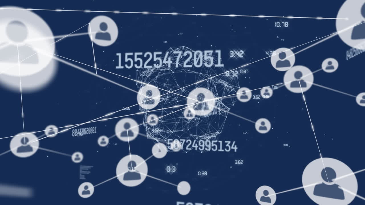 Animation of network of connections with digital icons and globe with numbers changing