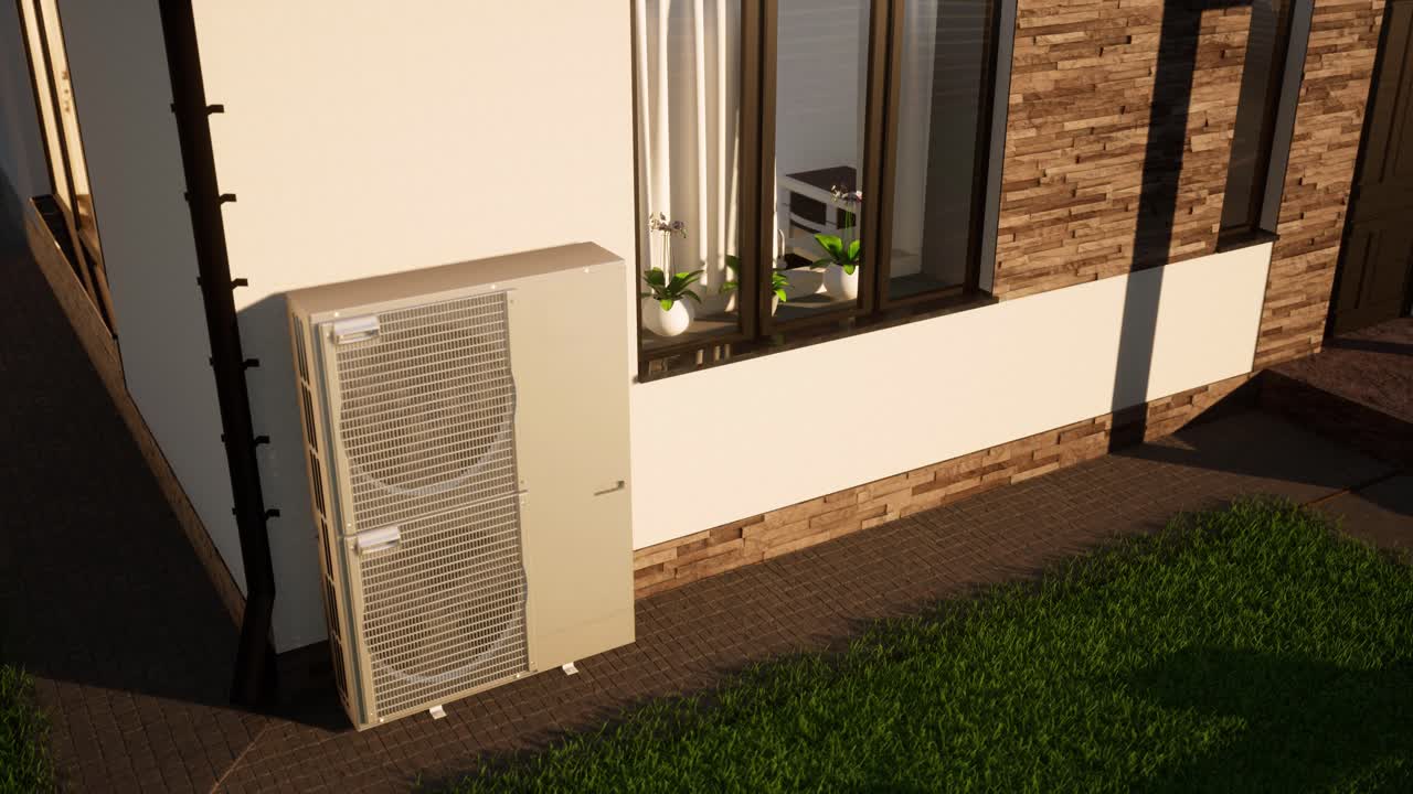 técnico de hvac instala sistemas de calefacción, ventilación y aire acondicionado. animación en 3d de la bomba de calor