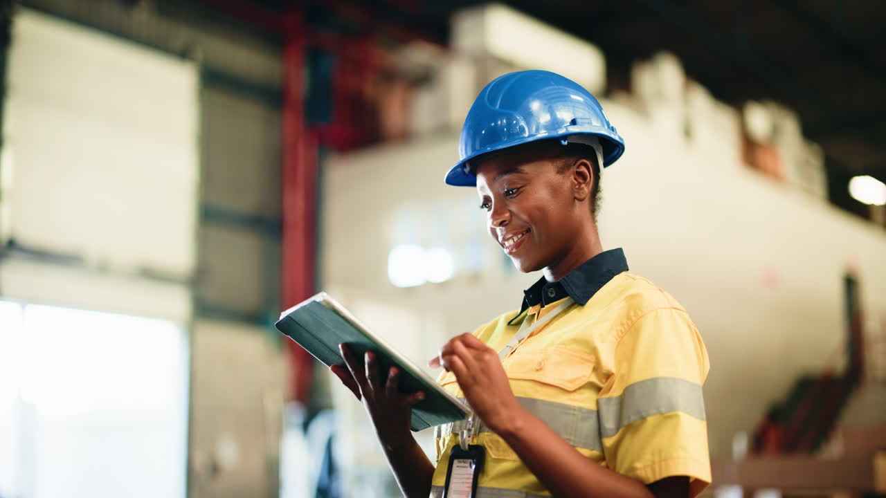 Young Black Woman Engineer Using Digital Tablet in Industrial Setting