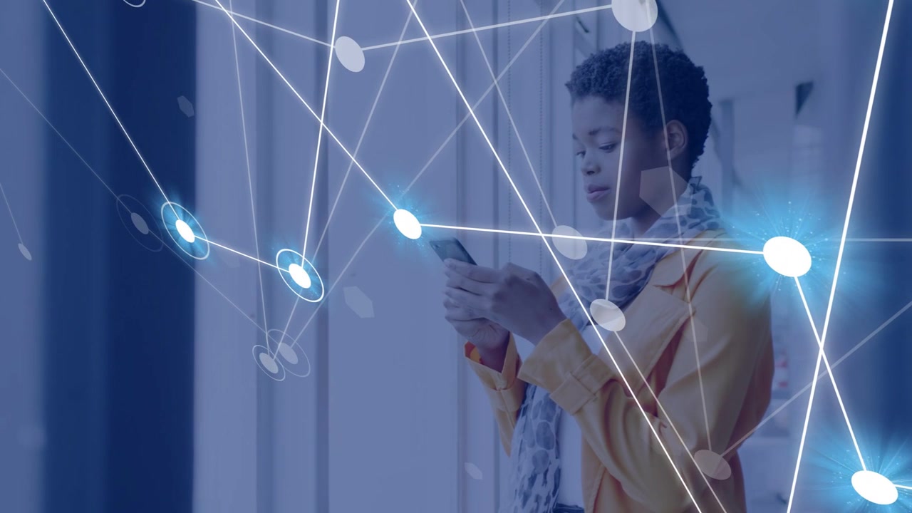 Woman tapping phone by windows, forming tech network with pulsing nodes crossing in front of her