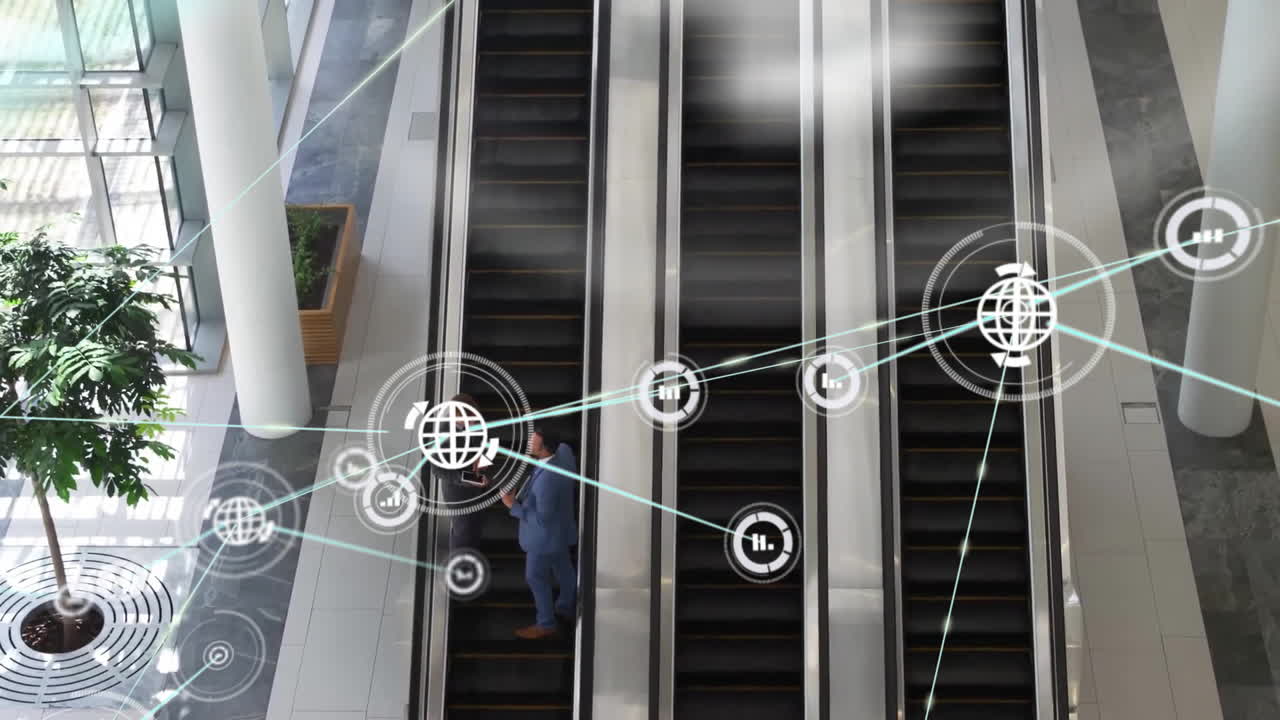 Animation of network of connections with icons over diverse business people on escalator