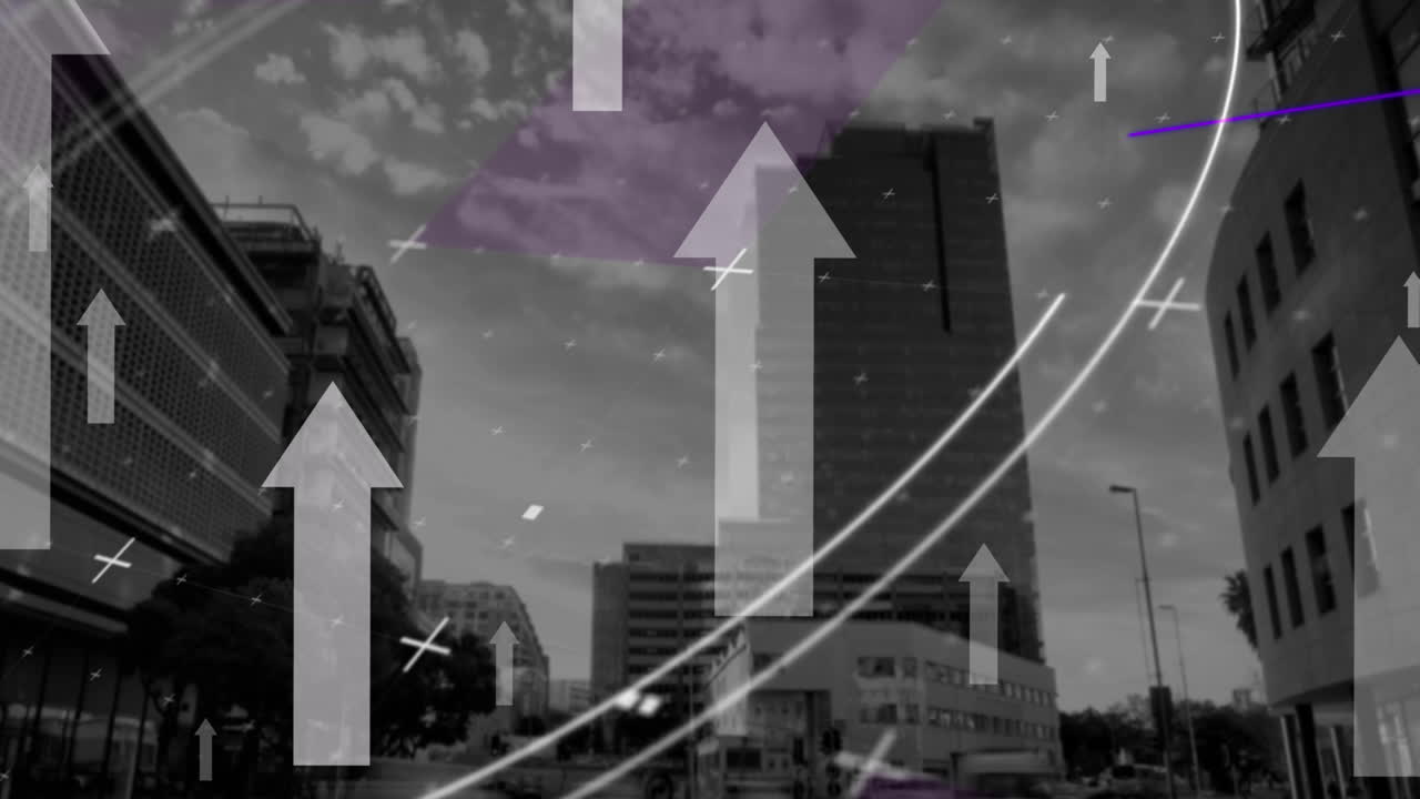 도시 풍경 위에 있는 화살표와 원의 애니메이션