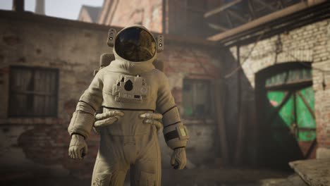 astronauta perdido cerca de edificios industriales abandonados de la vieja fábrica