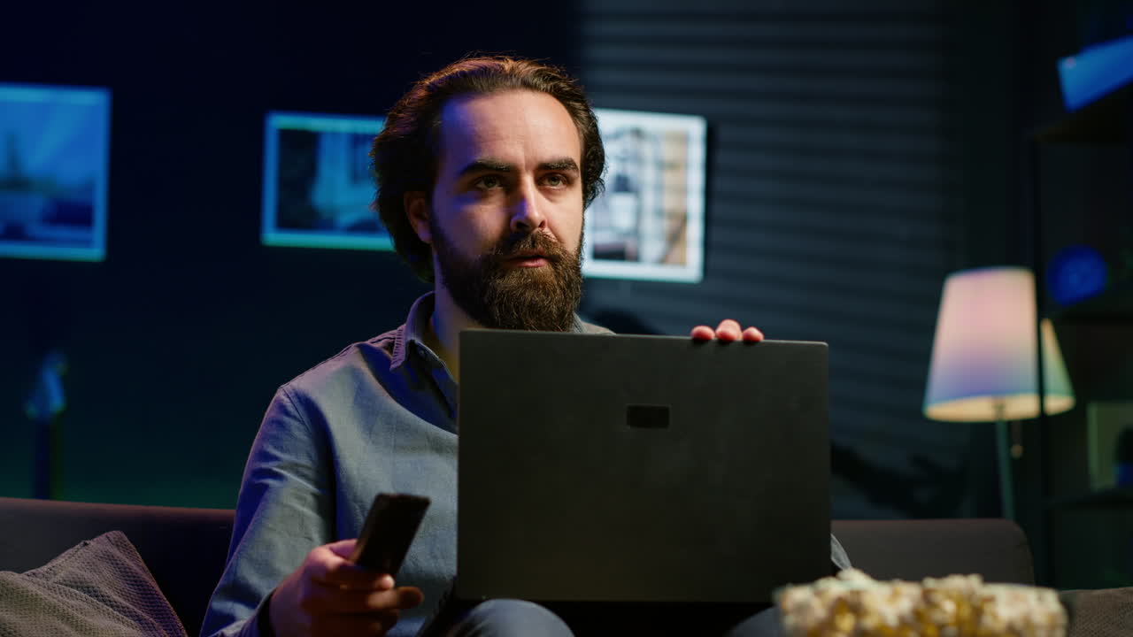 Man rushing to leave house, scared by troubling events broadcasted on TV