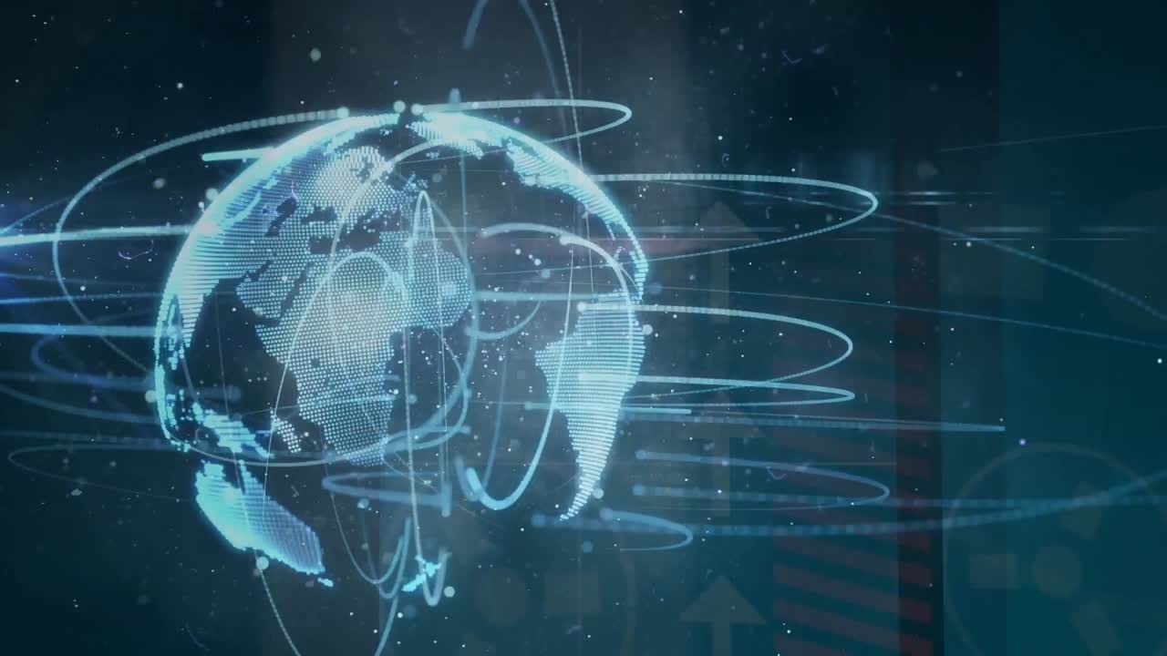 Animation of globe with network of connections and data processing