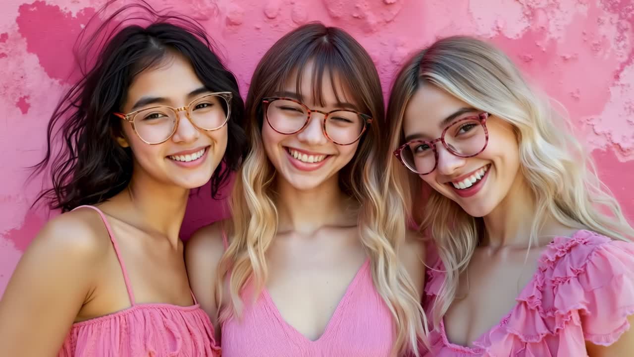 tres mujeres jóvenes con gafas frente a una pared rosa