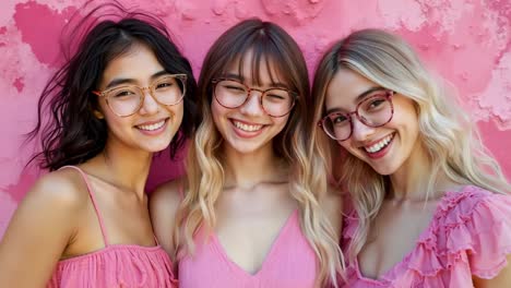 three young women wearing glasses in front of a pink wall