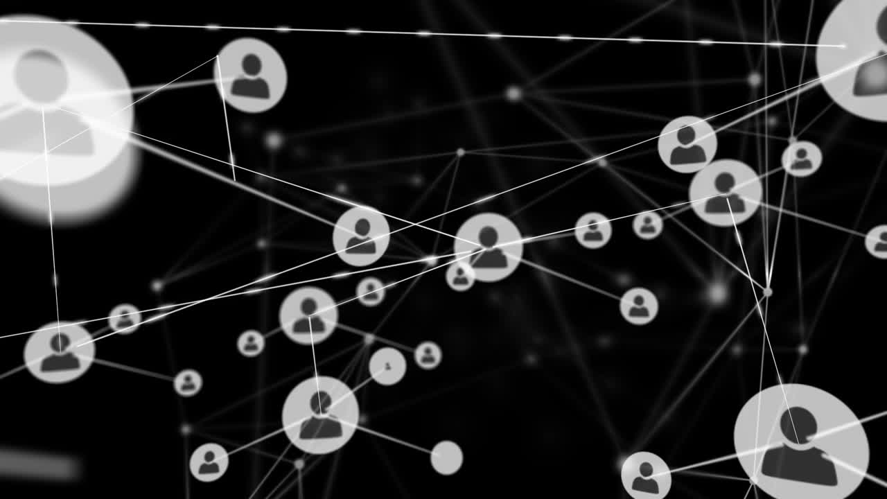 Animation of networks of connections with icons on black background