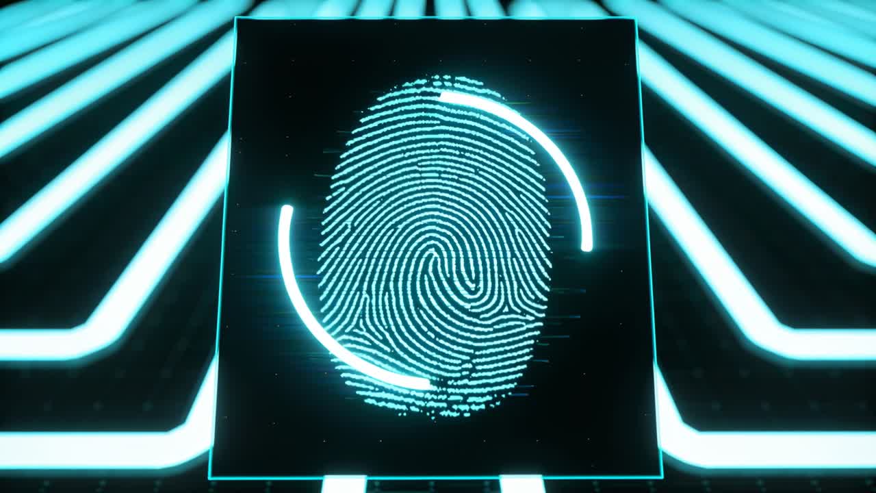 Showing rectangular biometric panel on boot scanning cyan print, arcs sweeping traces for ID check