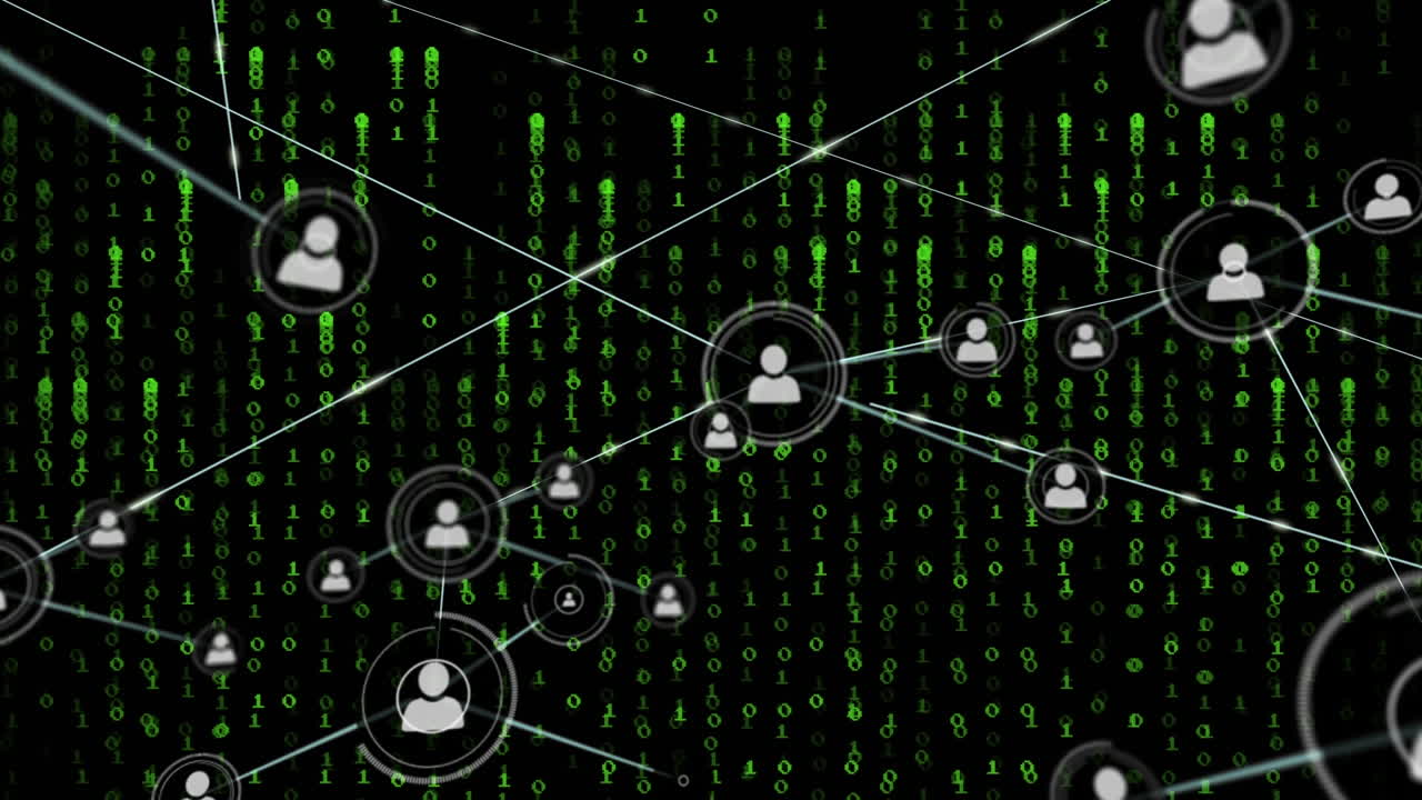 Animation of network of connections with icons over data processing on black background