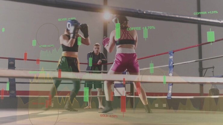 Two female boxers sparring for training, left boxer initiating jabs, market charts overlaying ring