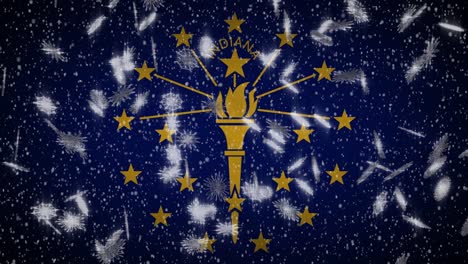 indiana flag falling snow, new year and christmas background, loop