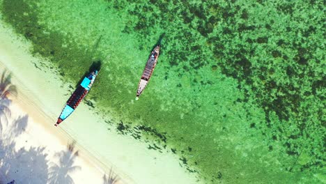 Long-tail-boats-anchoring-on-shoreline-of-tropical-island-with-tranquil-sandy-beach-under-shadow-of-palm-trees-in-Philippines