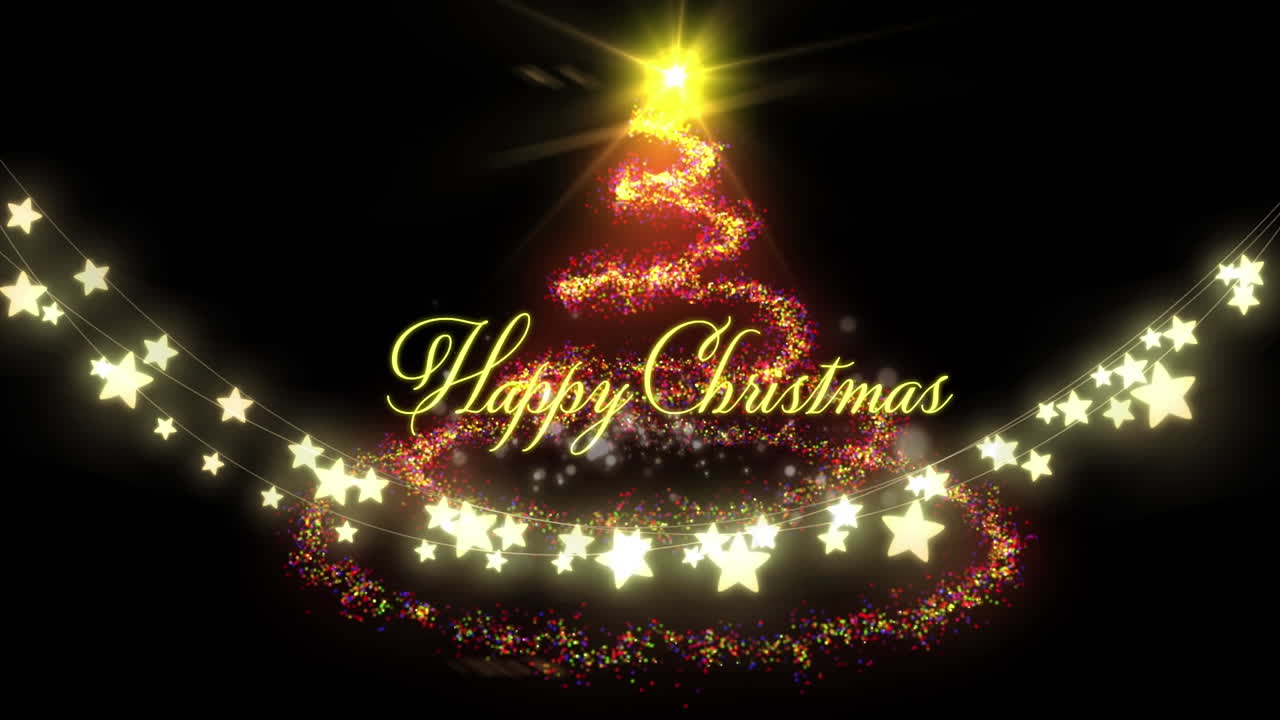 크리스마스 트리와 빛나는 요정 불빛의 줄과 함께 행복한 크리스마스 텍스트의 애니메이션