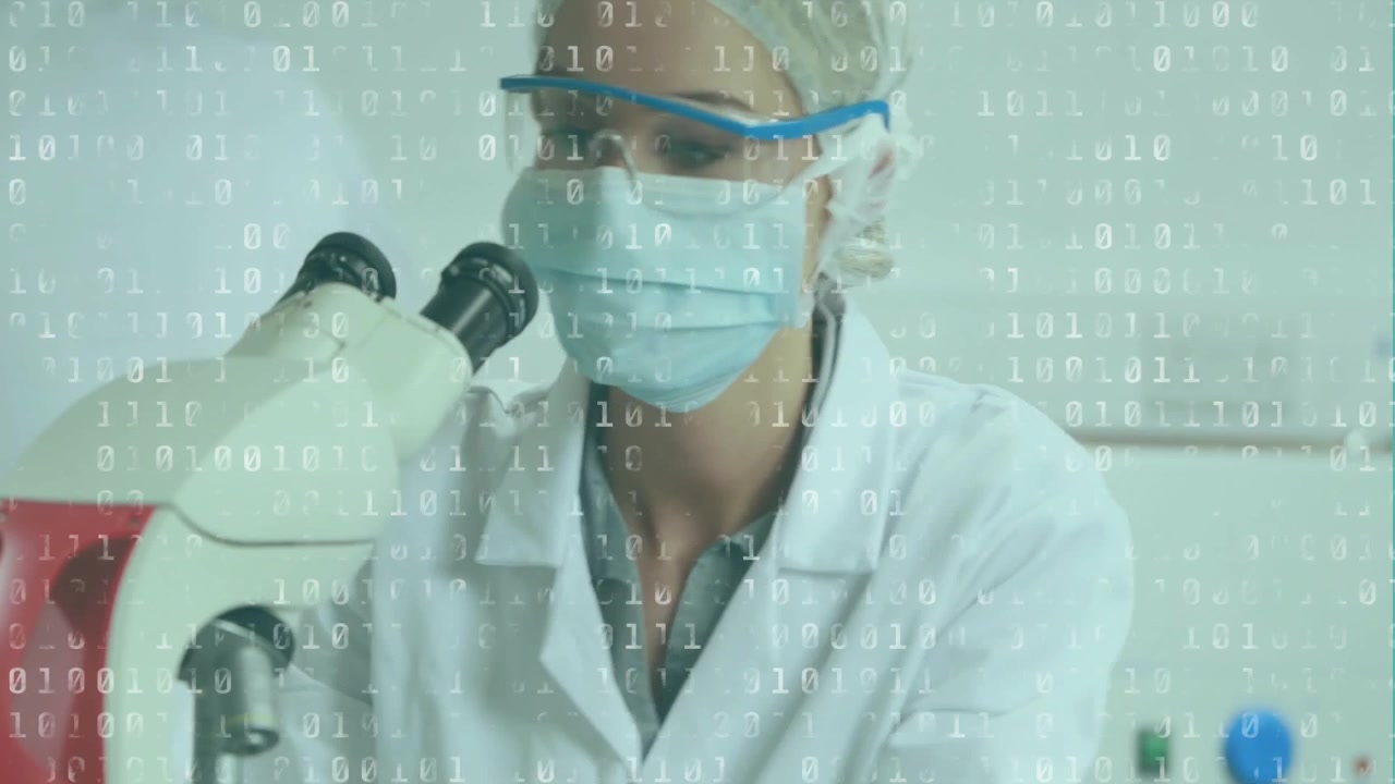 Animation of data processing over caucasian female scientist working in lab