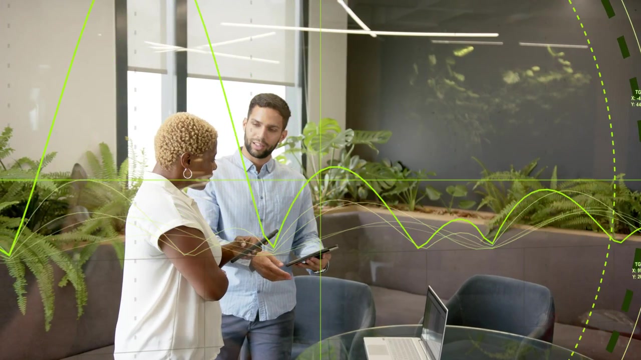 Woman tapping phone and showing screen to man in office nook, HUD highlighting content for business