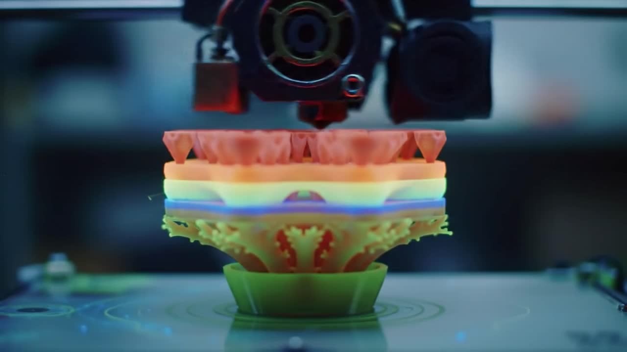 A detailed view of a 3D printer creating a stunning, multi-layered object with bright colors. The workshop is bustling with creativity and innovation as crafting takes place.