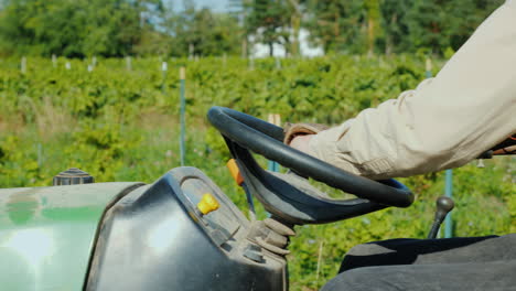 Farmer\'s-Hands-On-The-Wheel-Of-A-Tractor-Rides-Along-The-Vineyard