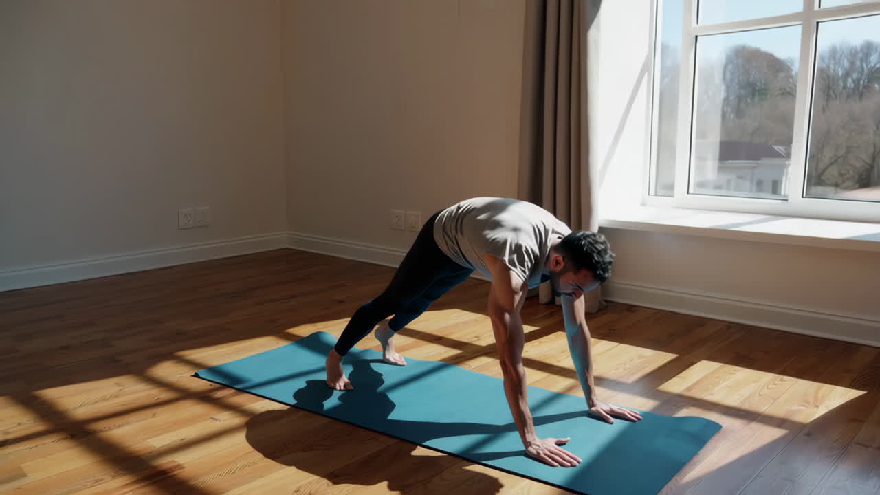 Uomo che fa esercizi su un tappetino da yoga al chiuso
