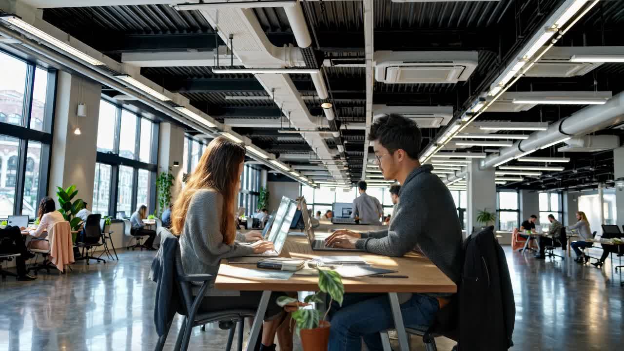 Wide-angle shot of a modern open office with people working at desks, capturing a collaborative work