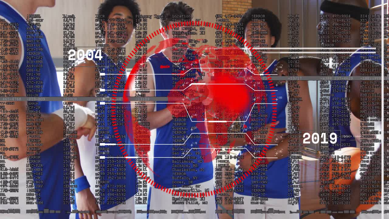 Center player stepping forward and motivating basketball teammates, red scan overlay cycling years