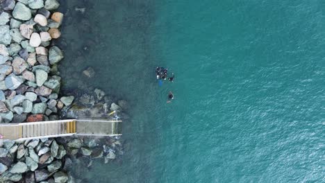 a group of scuba divers gather above the water near a set of stairs leading to the ocean