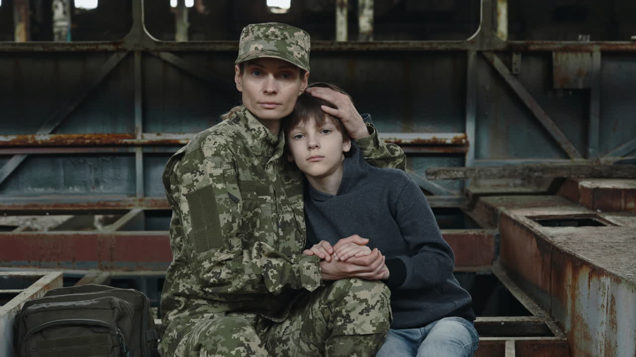 Soldier and Child in a Ruined Building