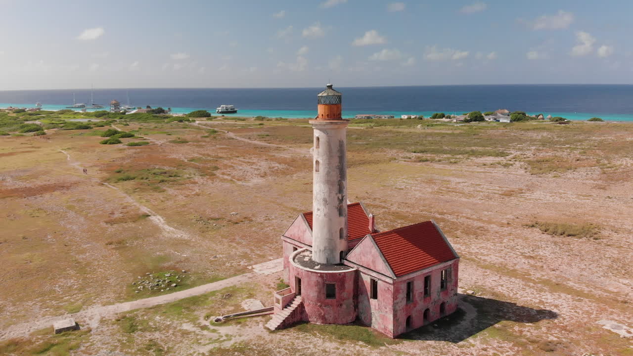 A solitary lighthouse anchors Klein Curaçao’s flat landscape, sea stretching to every horizon