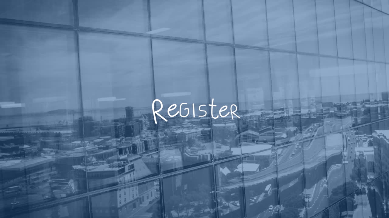 Animation of register text over cityscape