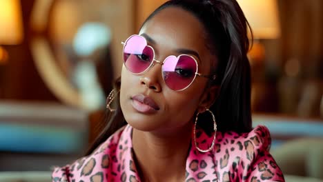 a woman in a pink leopard print jacket and pink sunglasses